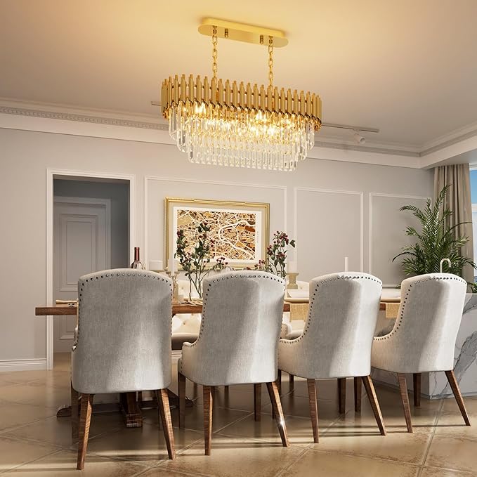 31.5" 8-Light Modern Gold Crystal Chandelier, Luxury Rectangular Raindrop Pendant Light Fixture for Dining Room, Kitchen Island, Living Room, Farmhouse Ceiling Lighting