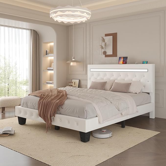 Full Size Bed Frame with LED Lights, Upholstered Platform Bed Frame, Adjustable Headboard with Charging Station, Wooden Slats Support, Easy Assembly, No Box Spring Needed, White
