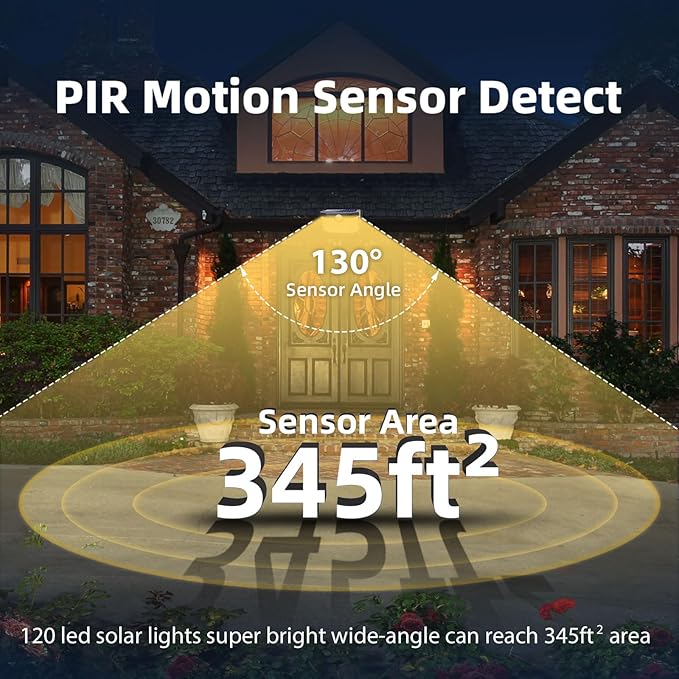 HMCITY 120 LED Outdoor Solar Lights- with Motion Sensor and 3 Lighting Modes, IP65 Waterproof Wide Solar Wall Lights Ideal for Garden Patio Yard (Front Button 6Packs, Warm White, 3000K)