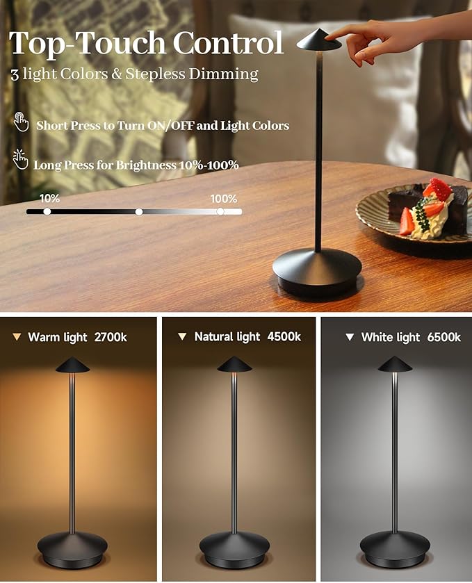 Portable Led Cordless Lamp Table Light 2 Pack, Rechargeable 6000mAh Battery Outdoor Table Lamp for Dinning Restaurant Patio Bedroom Camping, IP54 Waterproof, Dimmable