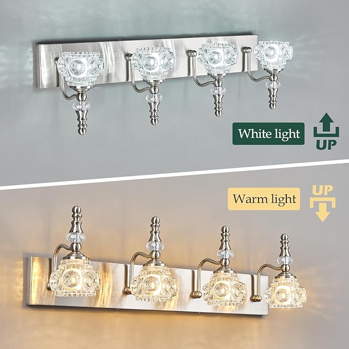 Modern Glass Crystal Vanity Light - Vintage Bathroom Lighting Fixtures Over Mirror, 4 Light Vanity Lights G9 Bulb (27.55 Inch, Nickel)