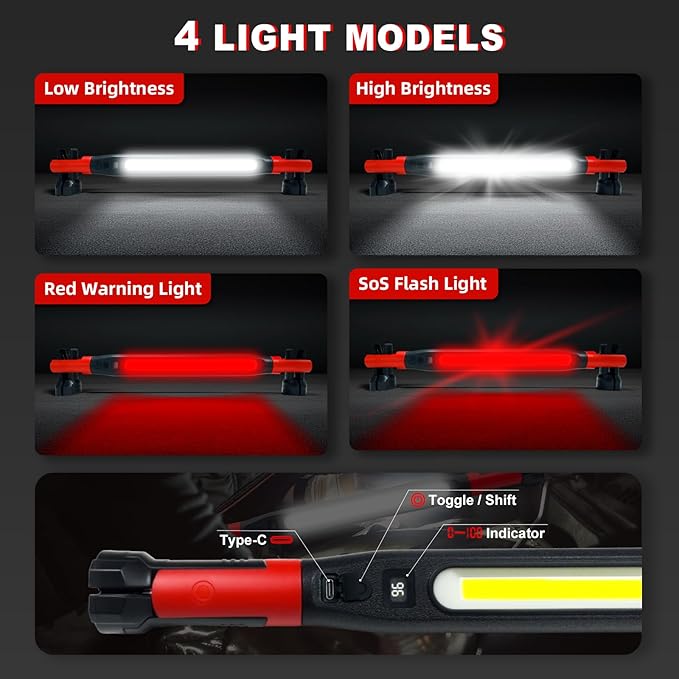 Magnetic Work Light 3000 Lumens, Rechargeable LED Flood Light with 180° Rotating Head & 360° Hooks, IP65 Waterproof Shatterproof Portable Spotlight for Camping, Emergency, Car Repair, Jobsite
