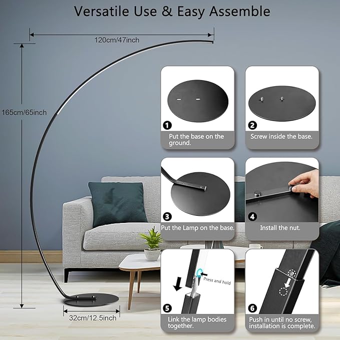 NUÜR Arc Floor Lamp with Remote Control - Modern Standing Bright LED Floor Lamp for Living Room Bedroom Office - Adjustable Color Temperatures and Stepless Dimming - 67" Tall, Black