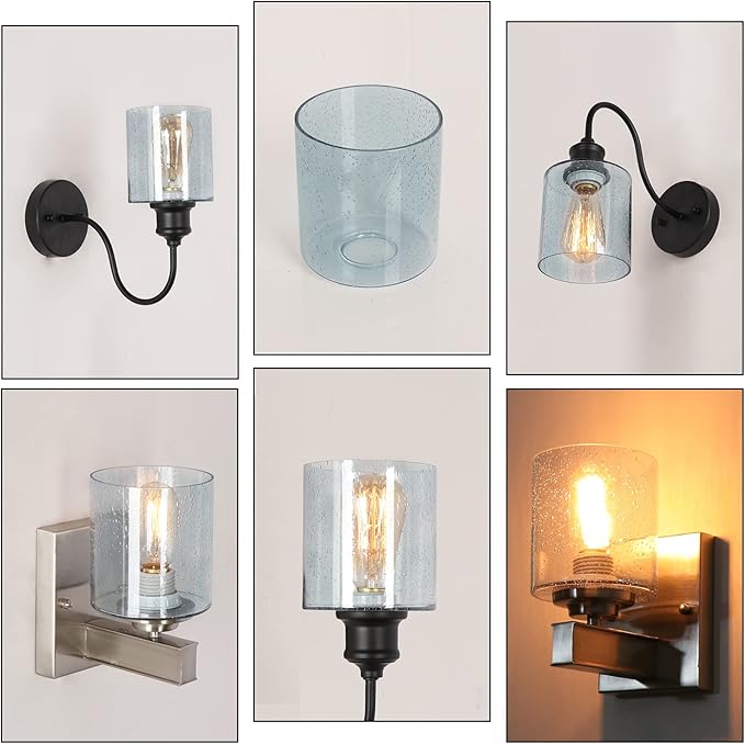 2 Pack Blue Seeded Glass Lamp Shades, Cylinder Light Fixture Replacement Globe or Cover with 1-5/8-Inch Fitter for Chandelier Wall Sconce Pendant Light G0129-Cylinder Bubble 2 Glass Blue