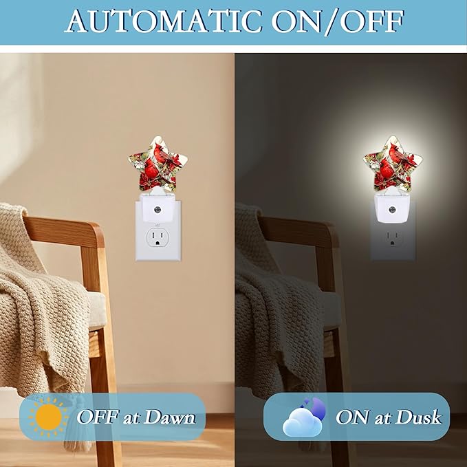 Red Cardinal Bird Flowers Plug-in Night Light with Dusk-to-Dawn Sensor for Bathroom,Bedroom and Hallway Sleep Friendly Lamp for Women/Girls/Boys Gift,0.5w