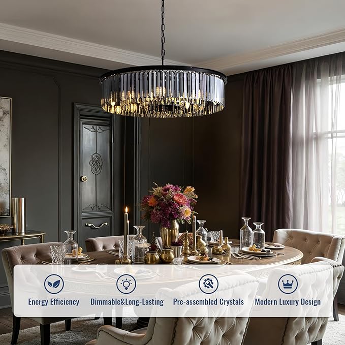 30-INCH Modern Crystal Chandelier Pendant Light for Dining Room,Hanging Pendant Light Fixture with 59" Adjustable Wire,Smoke Gray K9 Crystals, for Living Room,Kitchen Island, Entryway