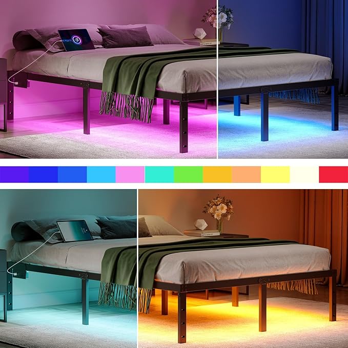 Queen Size Bed Frame with LED Lights & Charging Station - 18 Inch Heavy Duty Metal Platform Bed Frame No Box Spring Needed, Easy Assembly, No Noise