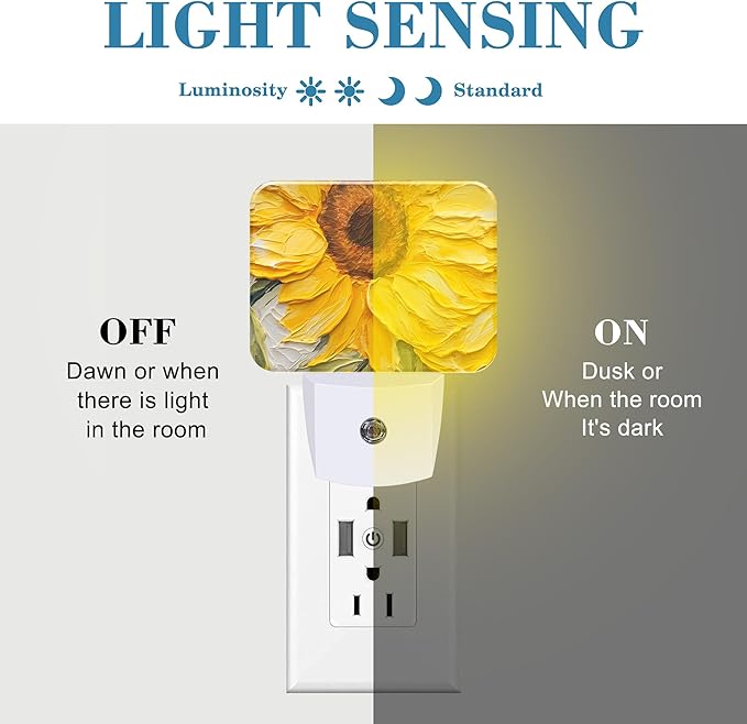 Sunflower Oil Painting Night Light Plug into Wall, Sunflower Night Light with Dusk to Dawn Sensor for Kid Girls Boys Women Men Bedroom, Hallway, Kitchen, Bathroom, Stairs Decor