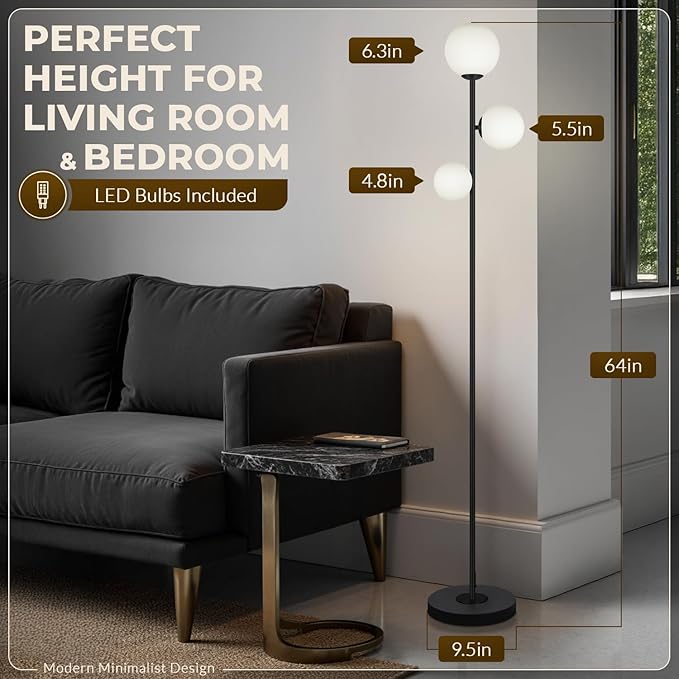 3 Globe Floor Lamps for Living Room, Mid Century Modern Standing Lamp with 3 Color Temperatures, Vintage Retro Tall Light with Frosted Glass Shades and LED Bulbs for Bedroom Office Corner (Black)