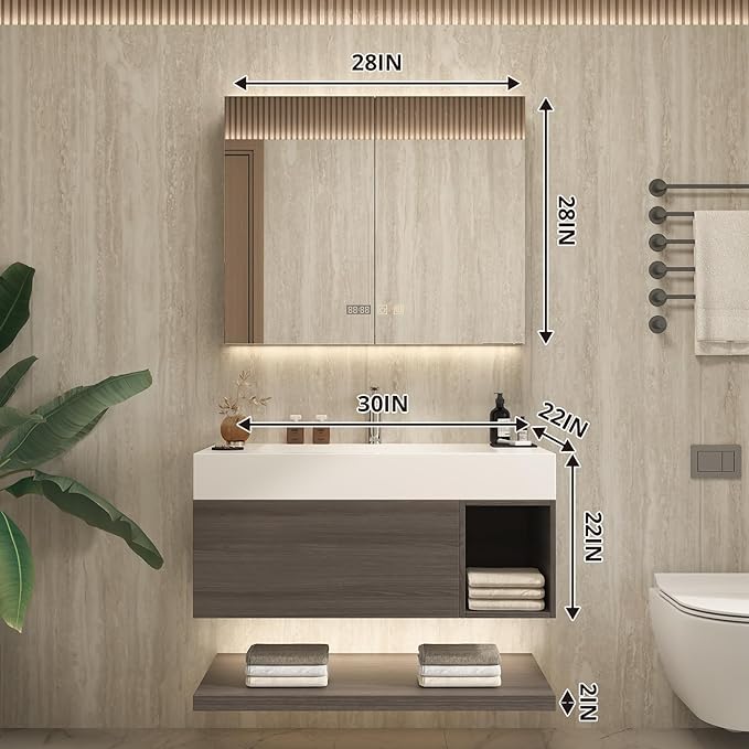 30" Modern Floating Bathroom Vanity Set with Sink, LED Smart Mirror Cabinet, Soft-Close Drawer and Open Storage Shelves, Grey Oak
