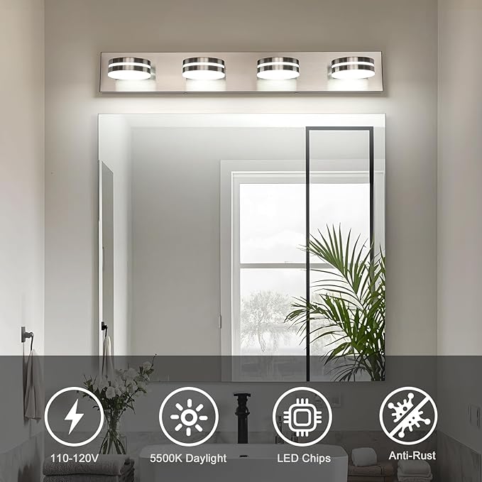 Brushed Nickel Vanity Lights for Bathroom, 4-Light Bathroom Light Fixtures Over Mirror, LED Dimmable Bath Lighting Fixture, Modern Wall Mounted Lighting Fixture