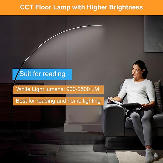 Adjustable White Light Modern 69.99 inch Arched Standing Reading Floor Lamp with Remote - Dimmable Black Led Curved Light for Bedroom and Reading Room