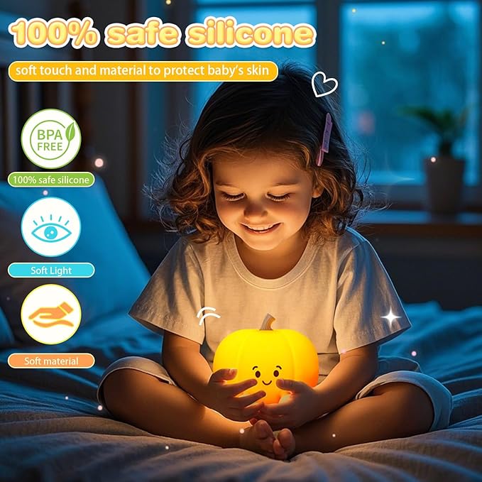 Night Light for Kids, Rechargeable Dimmable Silicone LED Nightlight, Baby Nursery Night Lamp, Touch Squishy Lamp, Halloween Gifts for Girls, Boys, Toddler Room Decor, Pumpkin