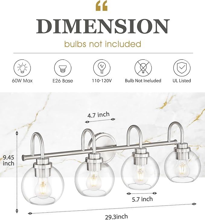 Bathroom Light Fixtures, 4-Light Brushed Nickel Vanity Lights Over Mirror with Globe Clear Glass, 30 Inch Modern Vanity Lighting Fixtures, AD-22280-4W-SN