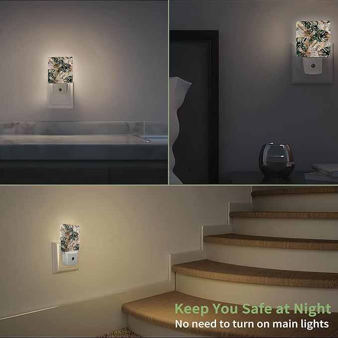 Green Gold Leaf Night Light, Tropical Palm Night Light Plug into Wall with Dusk to Dawn Sensor, LED Lamp Energy Saving Lights for Men Women Boys Girls,Lamp for Bedroom Bathroom Hallway