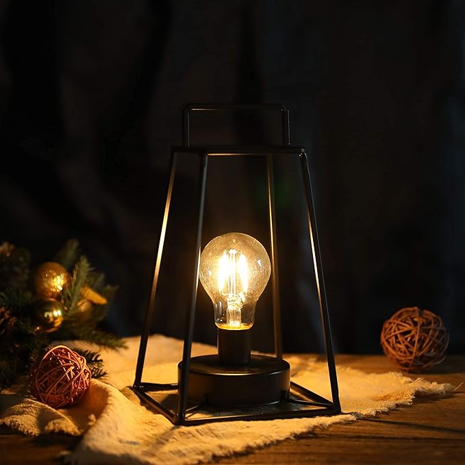 JHY DESIGN Retro Style Geometric Table Lamp 10''High Simple Iron Art Cordless Lamp Battery Powered Lamp with 6-Hours Timer Feature Cage Wireless Light for Balcony Party Indoor Outdoor(Short, Black)