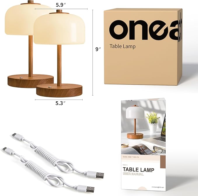 Oneach 9" Cordless Table Lamps Set of 2, Wood Grain Rechargeable Battery Operated Lamp, 3-Way Stepless Dimming Touch Lamps, Small Glass Bedside Nightstand Light for Bedroom Living Room Shelf Decor