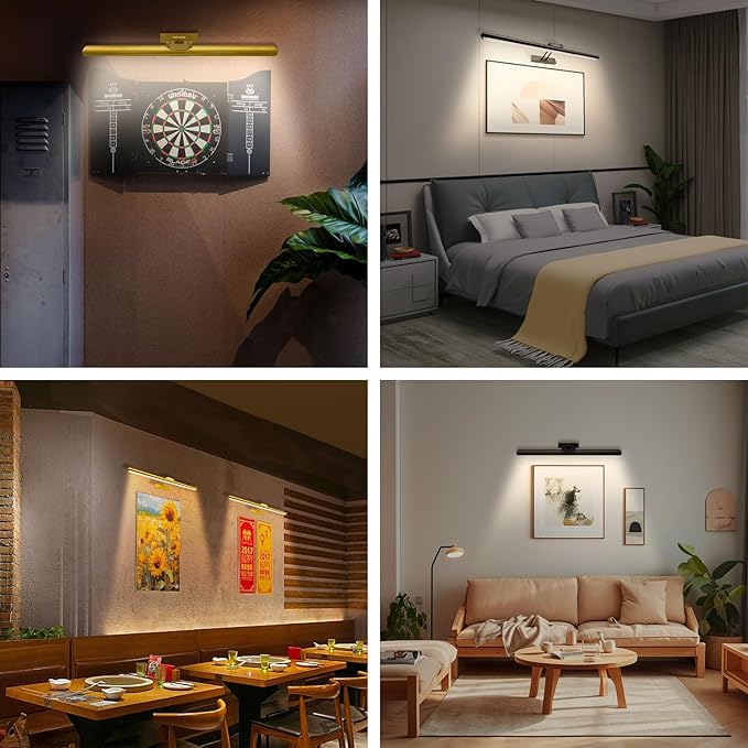 24.4" Wireless Picture Lights, Rechargeable Battery Art Display Light with Remote Control, Dimmable/Timer Off Dartboard Light, 3 Lighting Modes Full Metal Painting Display Lights (Gold-2Pack)