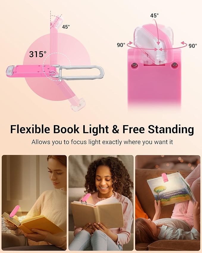 DEWENWILS Book Reading Light, USB Rechargeable Booklight for Reading in Bed, LED Clip On Book Lights for Kids, Bookworms, Blue Light Blocking, 4 Brightness Adjustable for Eye Care (Pink)