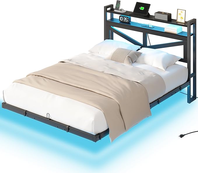 YITAHOME Queen Size Floating Bed Frame with USB Charging Station Storage Headboard and with Led Light, Heavy Duty Metal Platform Bed Frame, No Box Spring Needed, Easy Assembly and Noise Free, Black