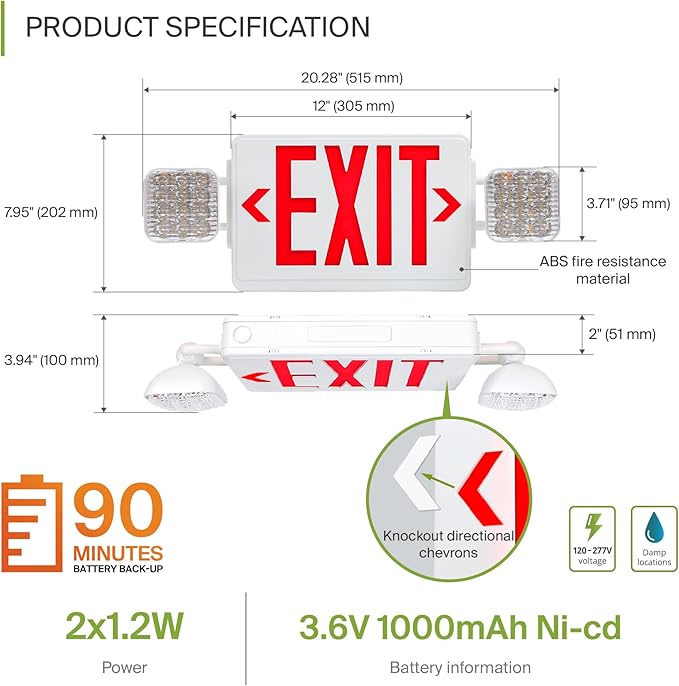 ASD LED Exit Sign with Battery Backup & Square Rotatable Heads - 120-277V UL 2.2W Double Face Emergency Exit Light for Business, Commercial Damp Location Power Outage Lights, Red