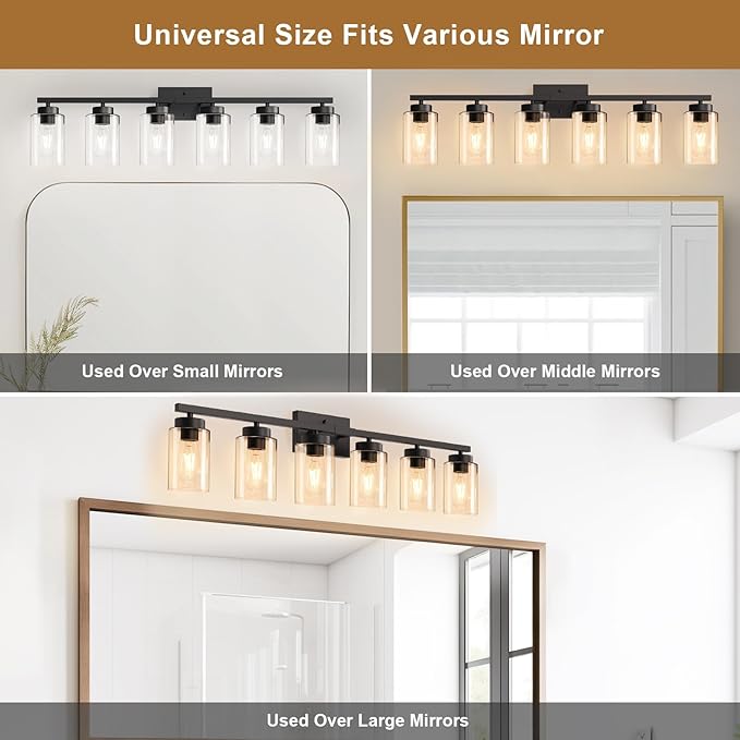 IZORRO Black Bathroom Vanity Light, 6-Light Vanity Lighting fixtures Over Mirror, Wall Lights with Clear Glass Shades, E26 Socket (Bulbs Not Included)