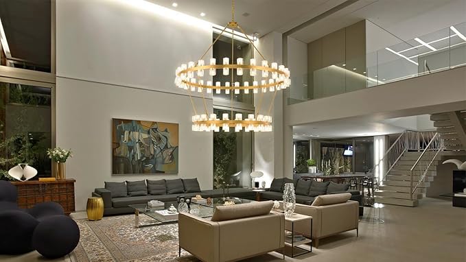 60 Inch Gold Wagon Wheel Chandelier with Crystal Shade, 2 Tier 100 Lights, Modern Farmhouse Style, Ideal for Dining Room, Kitchen, Entryways