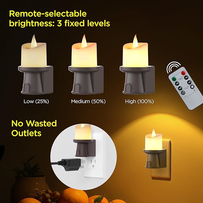 2 Pack Flameless Candle Nightlight Plug Into Wall, Electronic Candle Outlet Plugs w/Dusk Dawn Sensor Auto Switch On/Off for Home, Bathroom, Window Decorative Include Remote Timer Function (Brown)