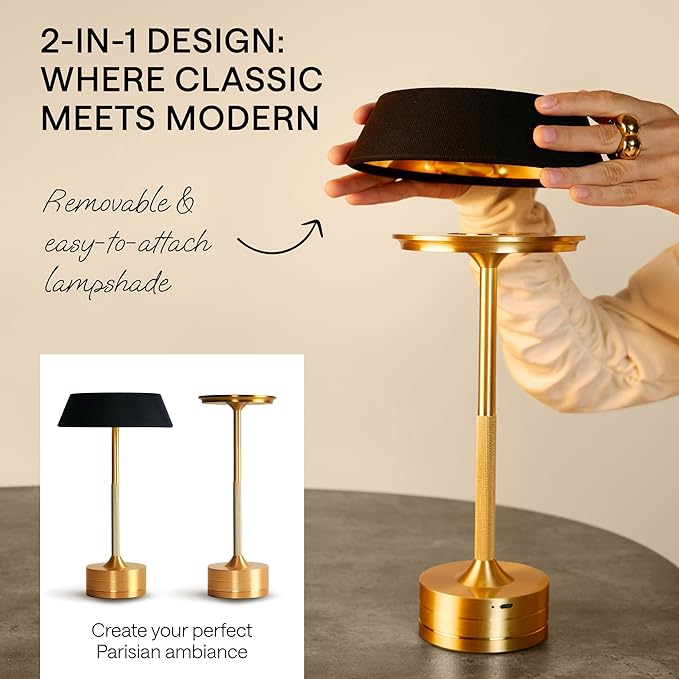 LED Cordless Table Lamp - Rechargeable Light for Home, Bedside, Kitchen - Small Dimmable Tap Lights - Battery Powered Touch Lamp for Desk Wireless - Black and Gold Lamp Shades, IP44, USB Type C Cable