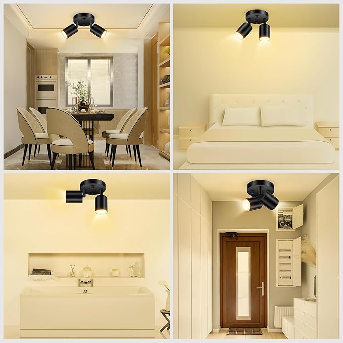 BoostArea LED 2 Light Track Lighting Kit, LED Track Lighting Fixtures, Black Round Ceiling Spot Lighting, Flexibly Rotatable Light Head for Kitchen, Living Room, Bedroom, GU10 Bulb Not Included