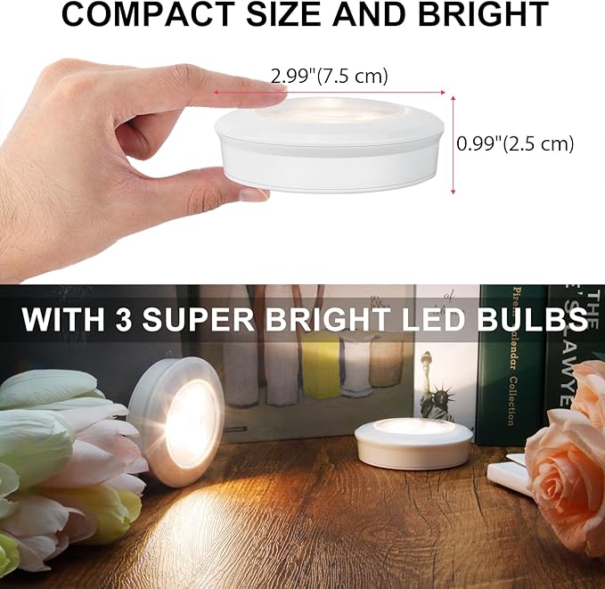 LUXSWAY Puck Lights, LED Tap Light Battery Operated, Stick On, Mini Night Touch Light, Under Cabinet and Counter Lights for Shelf and Kitchen Sink, 6-Pack, White
