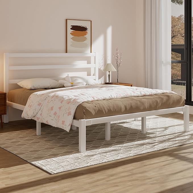 King Size Bed Frame, Metal Platform Bed Frame with Headboard and Footboard, Underbed Storage Space, No Box Spring Needed, Easy Assembly, Modern, White