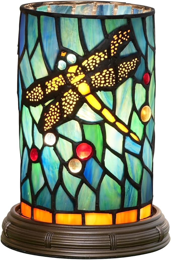 Tiffany lamp Stained Glass Table lamp Teal Dragonfly Style Bedroom Bedside Flower Vase Decor Green Small Night Light Mini Cute Kids Accent Unique LED Cottage Aesthetic Nightstand Cylinder Desk lamp