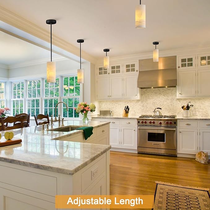 Alabaster Pendant Lights Kitchen Island, Black Hand Carved Alabaster Cylinder Pendent, Spanish Natural Marble Light Pendant for Bedroom Bathroom Dining Room Living Room- 3 PC