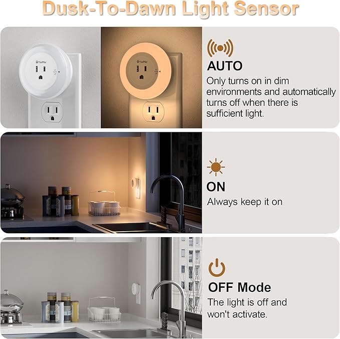 YiaMia Night Lights Plug Into Wall, Dusk to Dawn Sensor Night Light with Outlet, Warm Light Dimmable Nightlights–5-25 Lumens, Auto On/Off, Perfect for Bedroom, Hallway, Living Room & Kitchen,2Pack