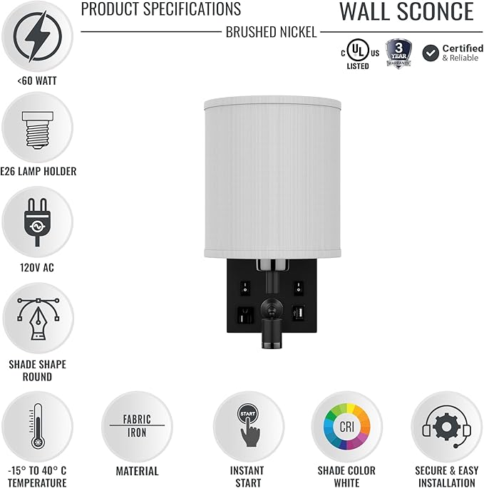 LEDMyplace 1-Light LED Wall Sconces, Indoor Sconce Light Fixture for Living Room with USB Ports and Outlet, E26 Base, Iron Body, White Fabric Shade, Brushed Nickel Finish, Wall Lighting for Hallway