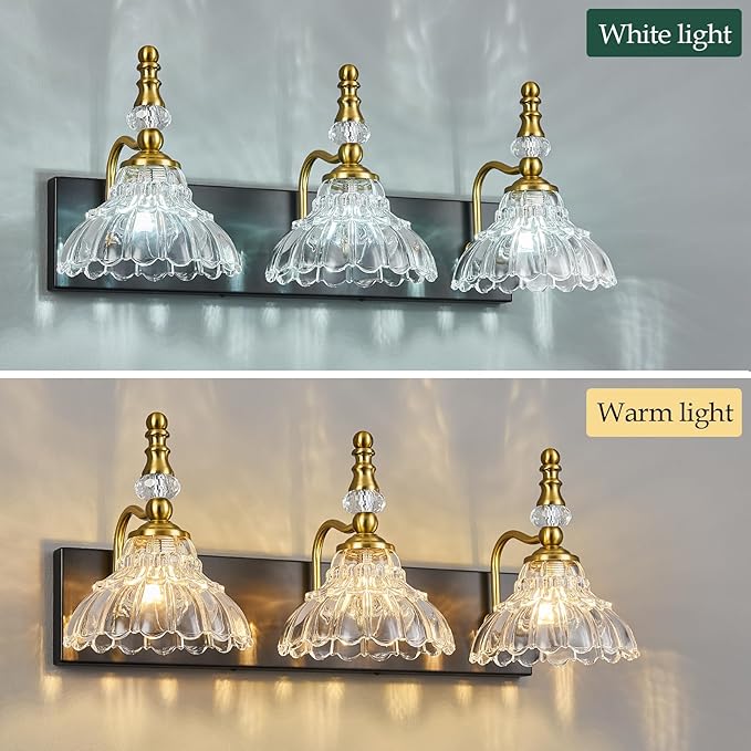 Vintage Bathroom Vanity Light, 3-Light Black Gold Vanity Lighting Fixture with Flower Glass Shade, Bathroom Lighting Fixtures Over Mirror