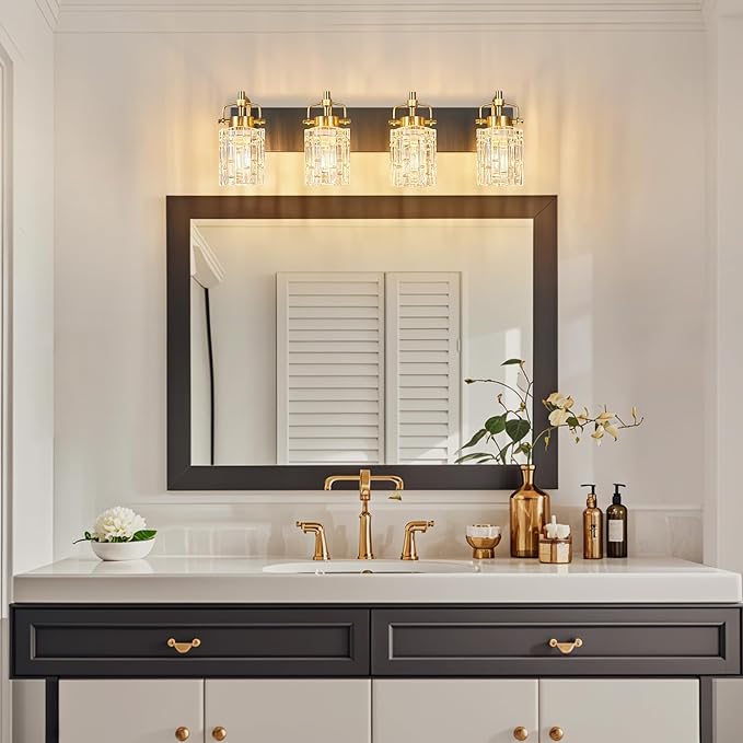 Modern 4-Light Vanity Light with Crystal Glass Shade - Black Gold Bathroom Light Fixture