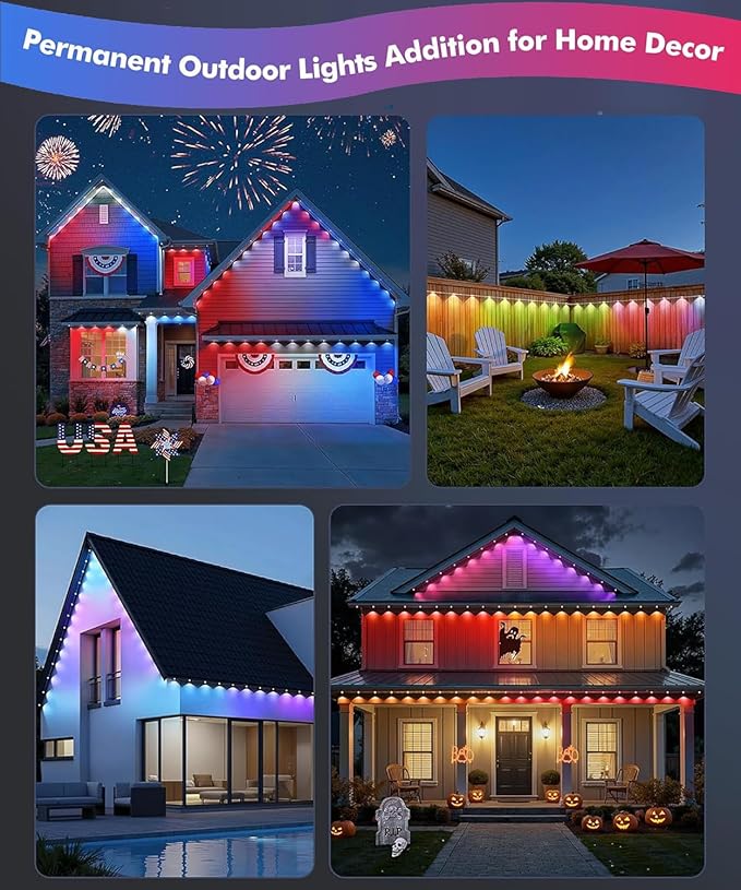 Permanent Outdoor Lights for House,100ft RGB+IC Smart Outdoor Decor,DIY Scene Modes, App/Remote Control,IP67 Waterproof, for Christmas,Holiday, Daily & Pool Party Decor, House Roof Lighting