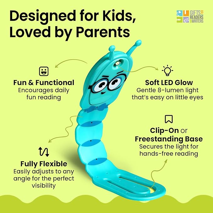 Gifts for Readers & Writers Bookmark Reading Light Bookworm Teal - 2in1 Clip On Bookmark Kids Book Light for Reading Night in Bed, Travel Cute Book Lights, Flexible 8 Lumen LED Lights for Books