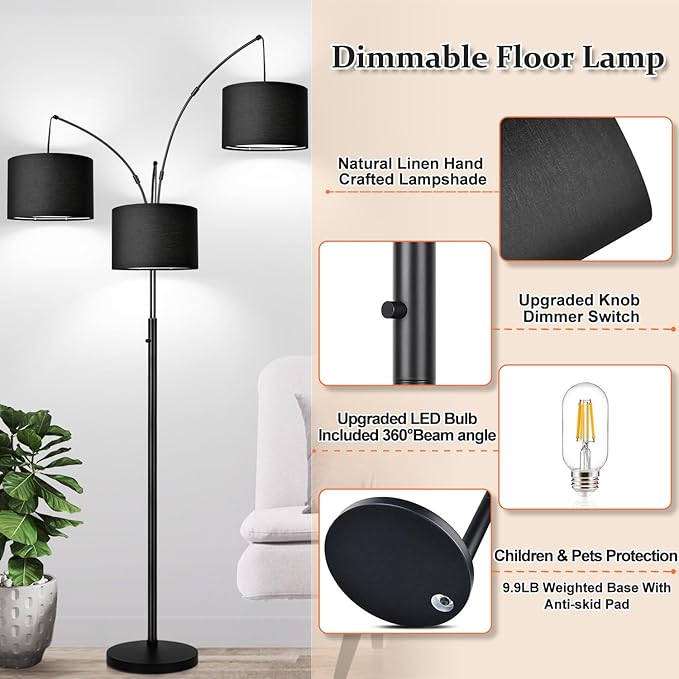 Dimmable Floor Lamp - 3 Lights Arc Floor Lamps for Living Room, 1000LM Modern Tall Standing Lamp With Black Shades & Heavy Base, Mid Century Tree Floor Lamp for Bedroom Office, 3 LED Bulbs Included