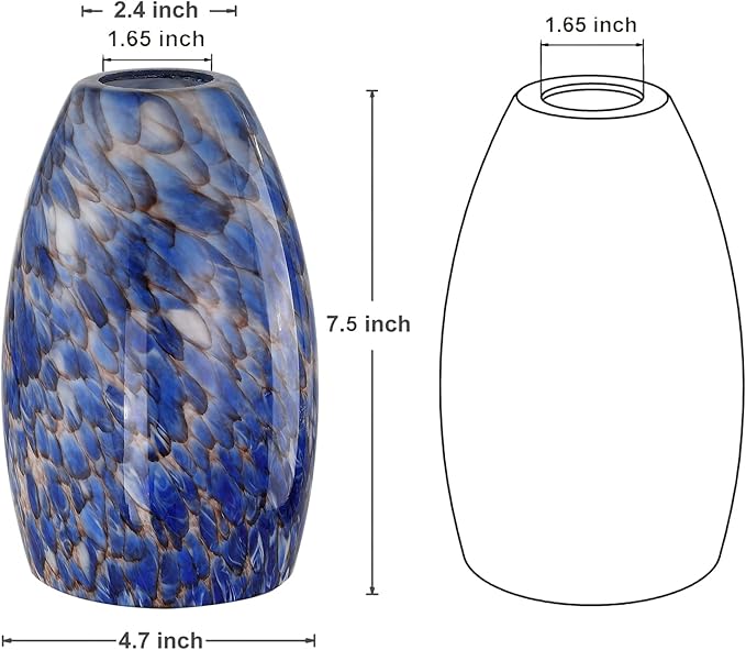 Hand Blown Art Glass Lamp Shade for Lighting Fixture Replacement Oval Glass Shade Height 7.48inch,Fitter 1.65inch,Max Diameter 4.7inch for ceiling pendant lights for kitchen (Blue)