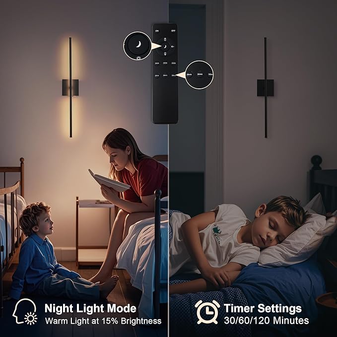 Removable Battery Operated Wall Sconces with Remote Control, Stepless Colors 3000K-6000K & Dimming, 350°Rotate, LED Black Wireless Wall Light for Living Room, Bedroom, 28.3 Inch (2 Pack)