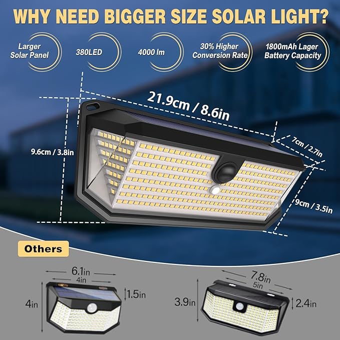 Solar Lights Outdoor, 4000LM 380 LEDs Solar Motion Lights Outdoor Waterproof, 3 Modes 270° Wide Angle Security Light for Stairways/Front Door/Garage/Deck（4 Pack）
