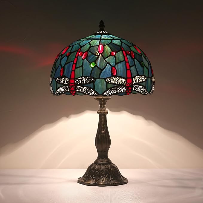 Stained Glass Table Lamp,12x12x19 Inch Antique Table Lamp for Tiffany Style Bedroom、Living Room、Home、Office Decor Lamp(Red Dragonfly)