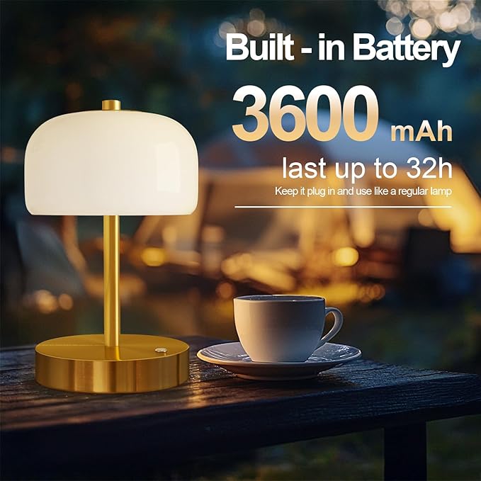 Oneach 9" Cordless Table Lamp, Gold Rechargeable Battery Operated Lamp, 3-Way Stepless Dimming Touch Lamps, Small Glass Bedside Nightstand Light for Bedroom Dining Table Living Room Shelf Decor
