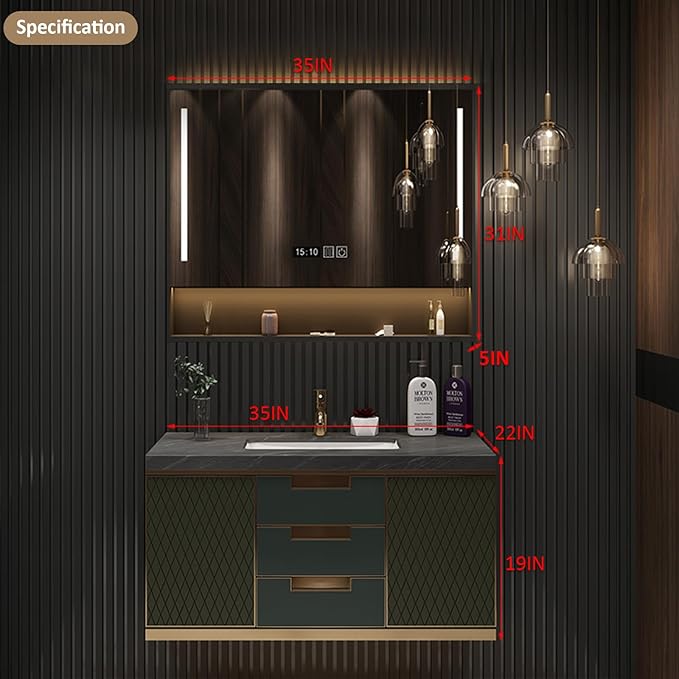 Bathroom Vanity - Floating Bathroom Vanity with Sink & Intelligent Defogging Mirror Elegant Ambient Lighting, Solid Wood Modern Luxury Vanities for Bathroom (Rectangular Smart Mirror, 48")