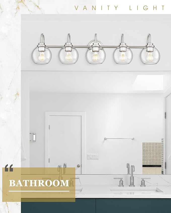 Bathroom Light Fixtures, 5-Light Brushed Nickel Vanity Lights Over Mirror with Globe Clear Glass, 35 Inch Modern Vanity Lighting Fixtures, AD-22280-5W-SN