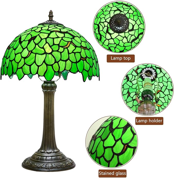 Tiffany Lamp - Green Leaf Stained Glass Table Lamp 12x12x18 Inches - Green Leaf Style Desk Reading Light - Bedroom & Living Room Decor