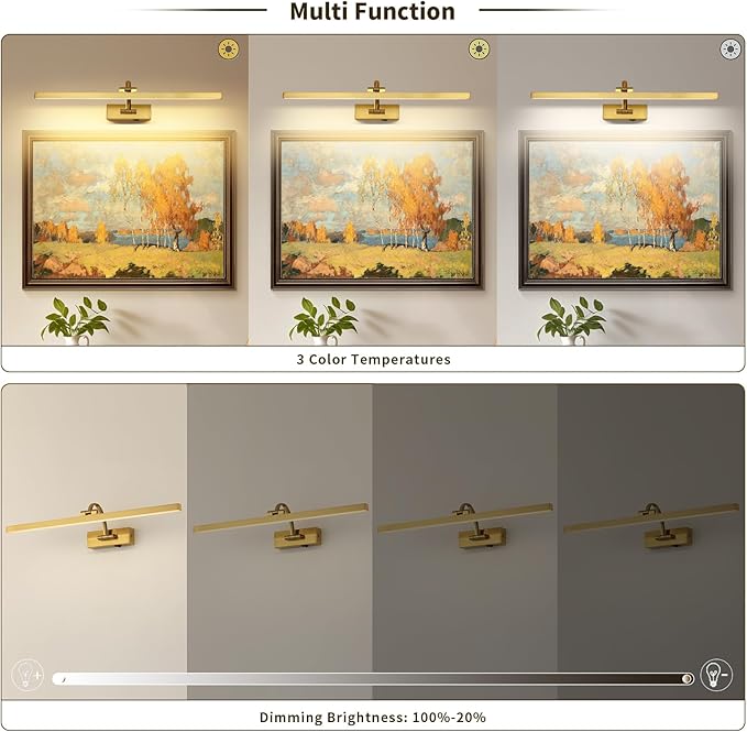 Wireless Picture Lights for Wall Battery Operated, Brass Art Lighting for Paintings Rechargeable Gallery Lights with Remote and Timer 3CCT Dimmable Painting Lights for Artwork Portrait 23.62 inch